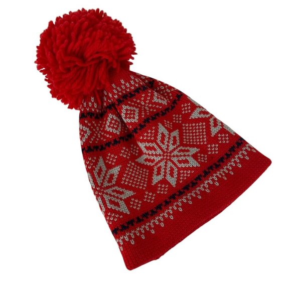 Vintage Smiley Red Wool Snowflake Knit Pom-Pom Beanie Hat Toboggan Winter Snow - Picture 1 of 3